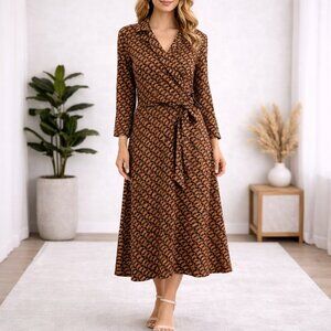 Tahari ASL Geometric Wrap Midi Dress Brown Black Long Sleeve 10